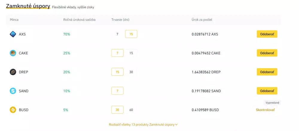 Binance: zamknuté úspory