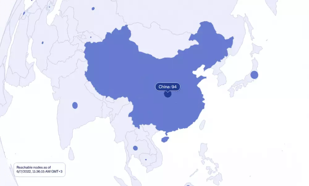 Počet aktívnych uzlov v Číne zobrazený na mape