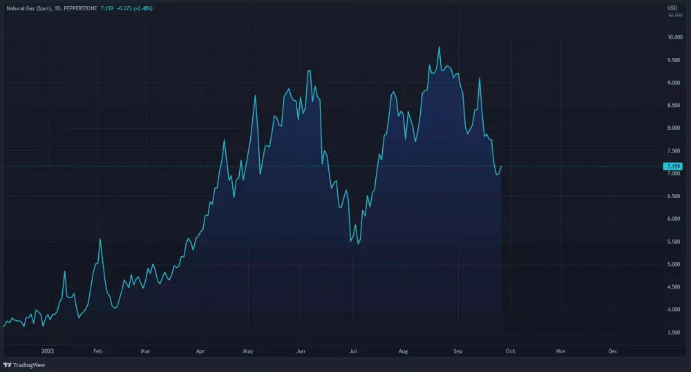 Vývoj ceny zemného plynu. Zdroj: Tradingview