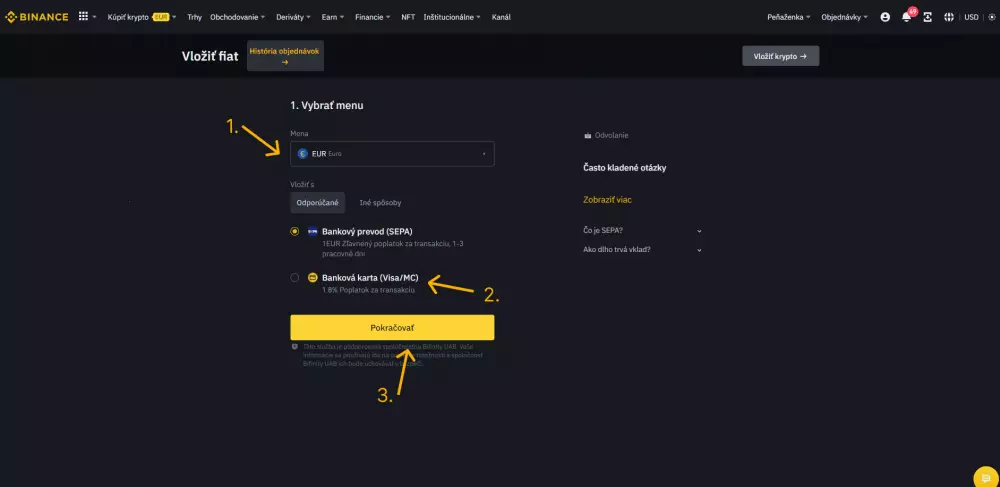 Vklad kartou na burze Binance