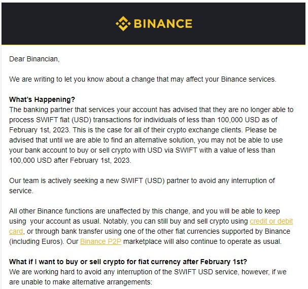 Binance oznamuje prerušenie bankových platobných prevodov