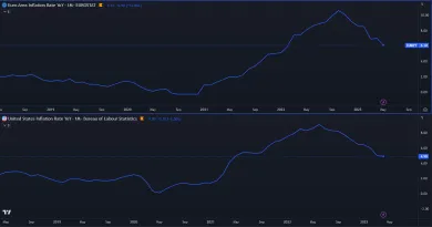 Výška inflácie v eurozóne a USA.