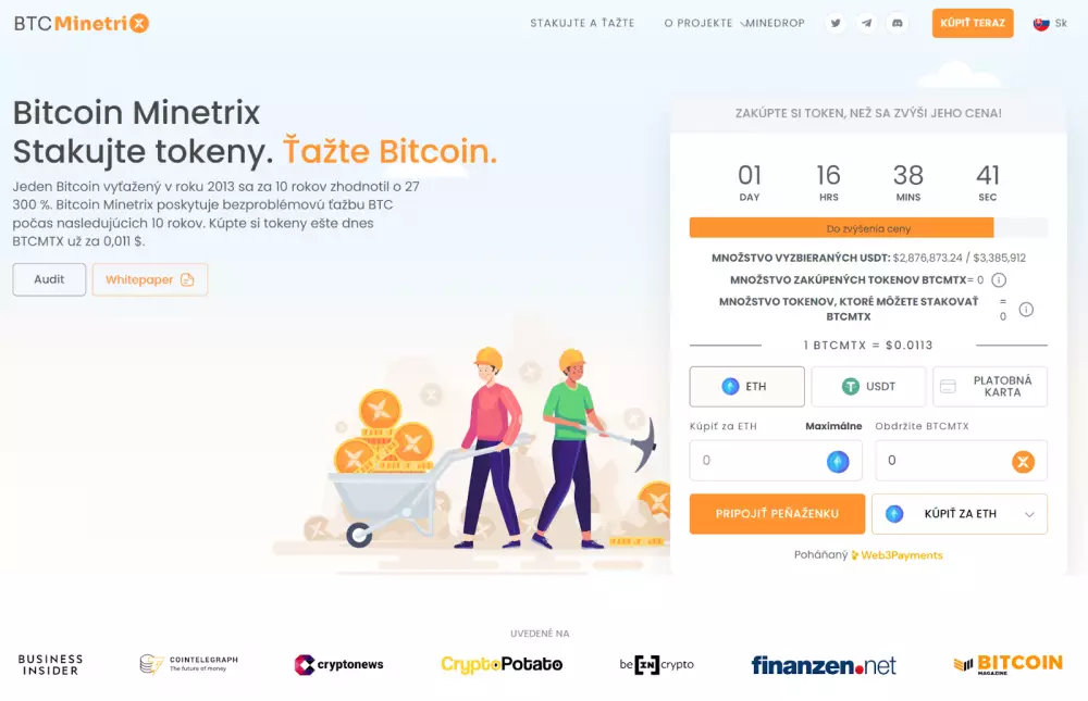 Bitcoin Minetrix pomáha ťažiť Bitcoiny