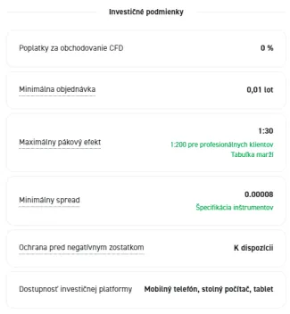 Investičné podmienky pre inštrumenty CFD
