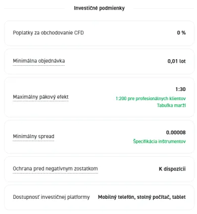 Investičné podmienky pre inštrumenty CFD