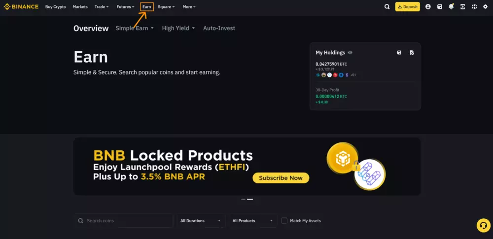 Navigovanie do Binance earn sekcie