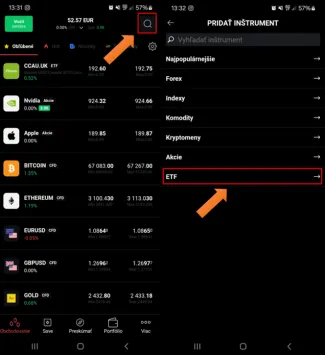 Výber ETF kategórie na mobile