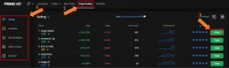 Copytrading hlavné menu