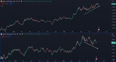 Zlato a striebro sa hýbu opačne