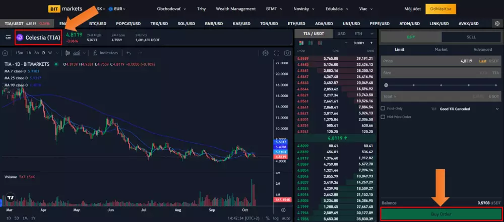 Nákup Celestia na BITmarkets