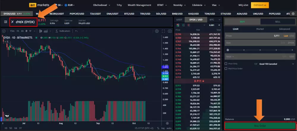 Nákup dydX na BITmarkets