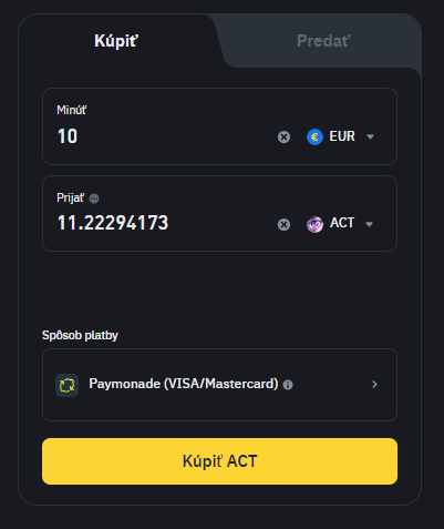 Nákup kryptomeny ACT na Binance