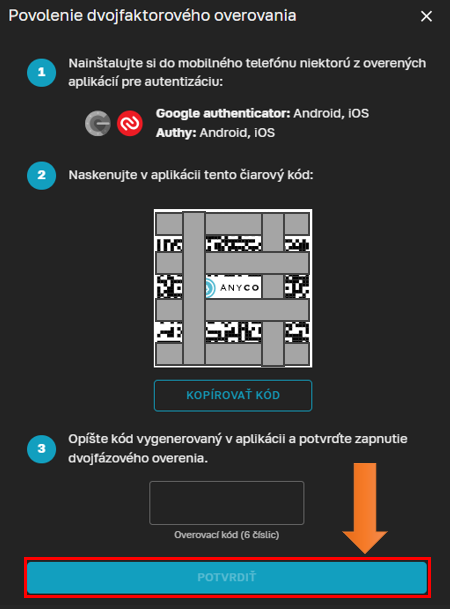 Potvrdenie dvojfaktorového overenia. Zdroj: Anycoin