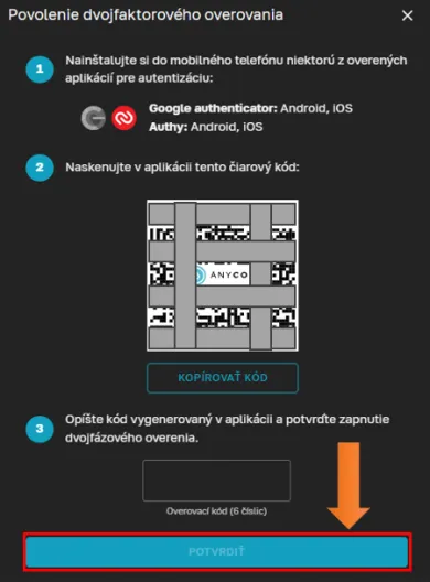 Potvrdenie dvojfaktorového overenia. Zdroj: Anycoin