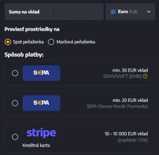 Možnosti vkladu na BITmarkets
