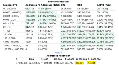 Počet milionárskych BTC adries
