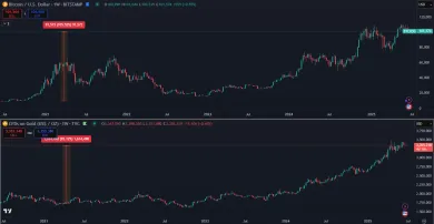 Bitcoin verzus zlato za posledných 5 rokov
