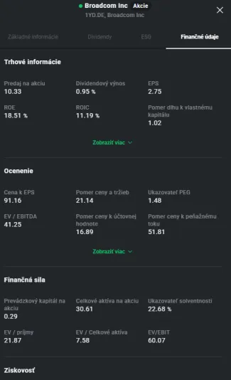 Príklad zobrazenia finančných údajov firmy na XTB