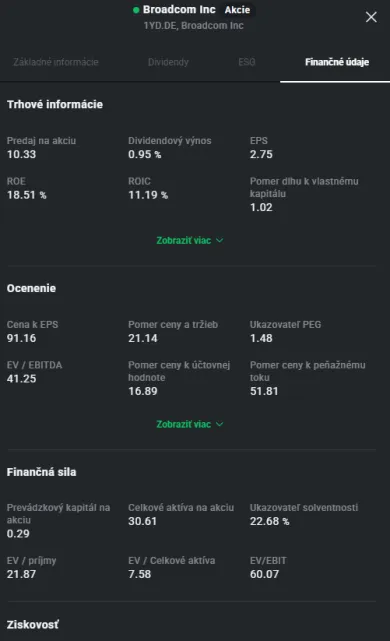 Príklad zobrazenia finančných údajov firmy na XTB