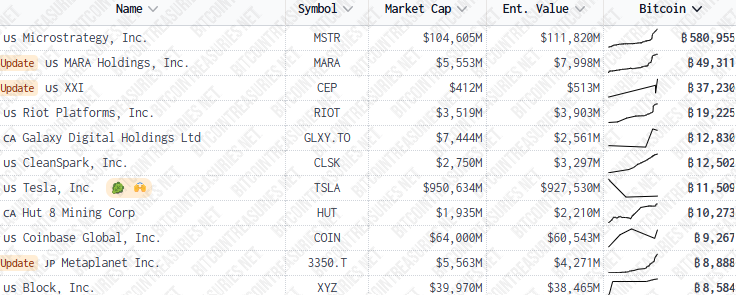 Verejné firmy držiace najviac BTC