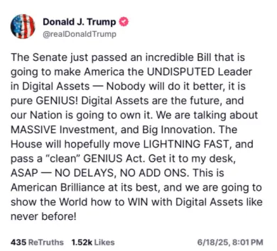 Donald Trump oslavuje prijatie GENIUS Act