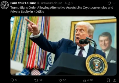Trump podpísal nariadenie, ktoré sprístupní kryptomeny cez 410(k)