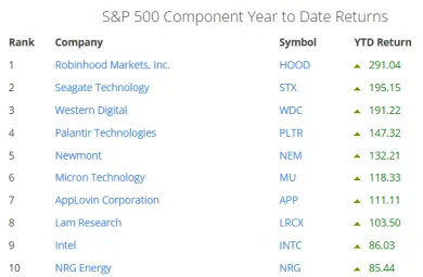 10 najziskovejších akcií v indexe S&P 500 v roku 2025