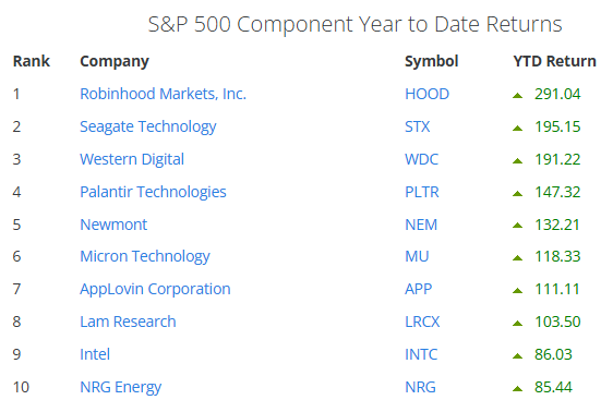 10 najziskovejších akcií v indexe S&P 500 v roku 2025