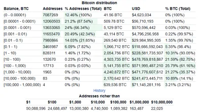 Rozdelenie BTC peňaženiek podľa počtu mincí