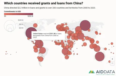 Mapa krajín, ktoré si požičiali peniaze od Číny