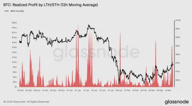 Bitcoin a realizovaný zisk dlhodobých a krátkodobých držiteľov