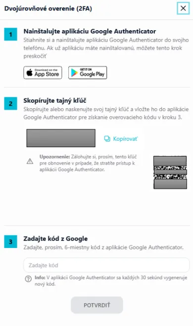 Nastavenie 2FA