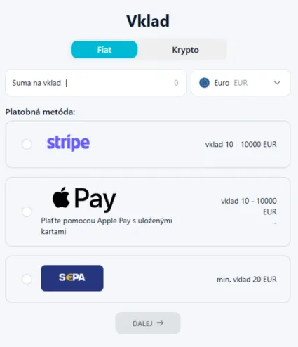 Možnosti vkladu na crypto4me