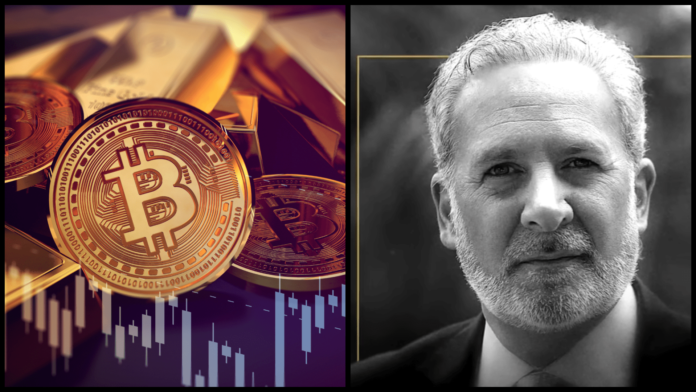 Bitcoin a zlato. Zdroj: shutterstock.com/Overearth a YouTube.com/@peterschiff Bitcoin a zlato