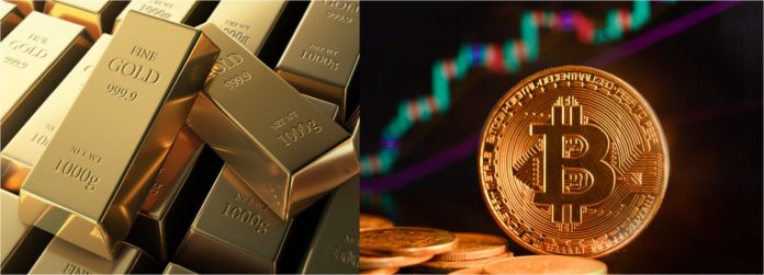 Zlato a Bitcoin. Zdroj: Shutterstock.com/AlyoshinE/peterschreiber.media Zlato a Bitcoin