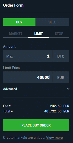 Limit nákup. Zdroj: Coinbase Pro