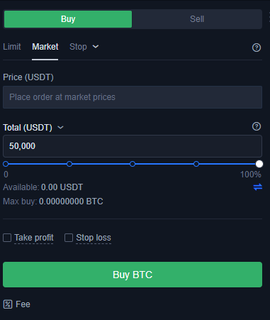 Market príkaz na nákup. Zdroj: Okex