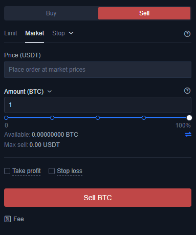Market príkaz na predaj. Zdroj: Okex